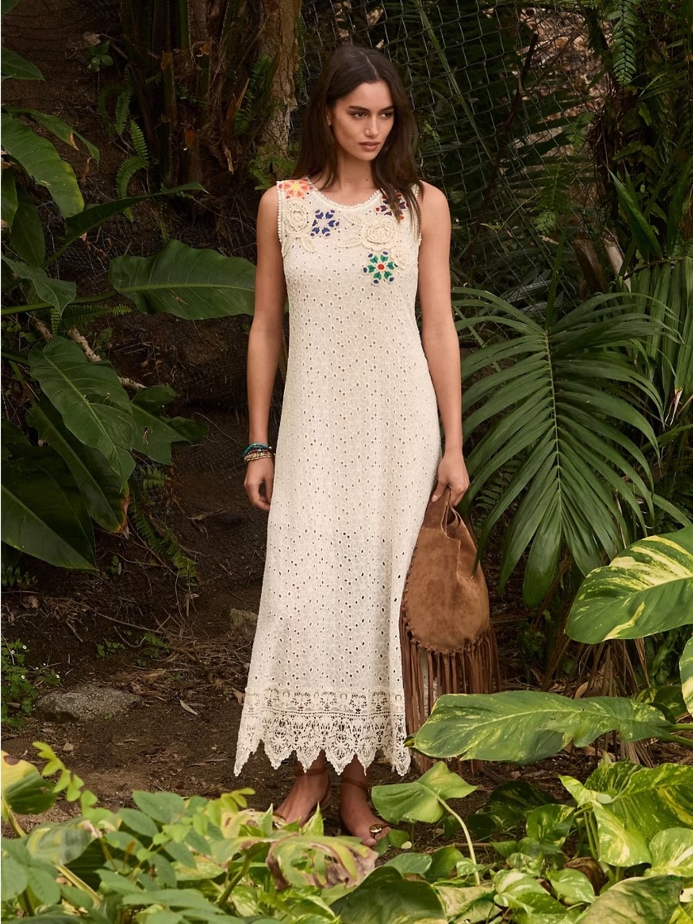 NWT Johnny Was Nydia Appliqué Dress in Cream Crochet Size PXS With Slip